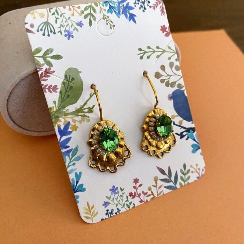 Vintage Green Crystal Gold Tone Tiny Pearl Earrings - Picture 3 of 4